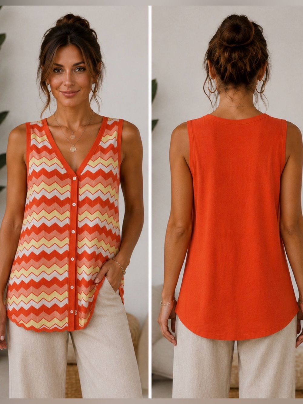 171 Sleeveless Chevron & Solid Tank Top - Orange